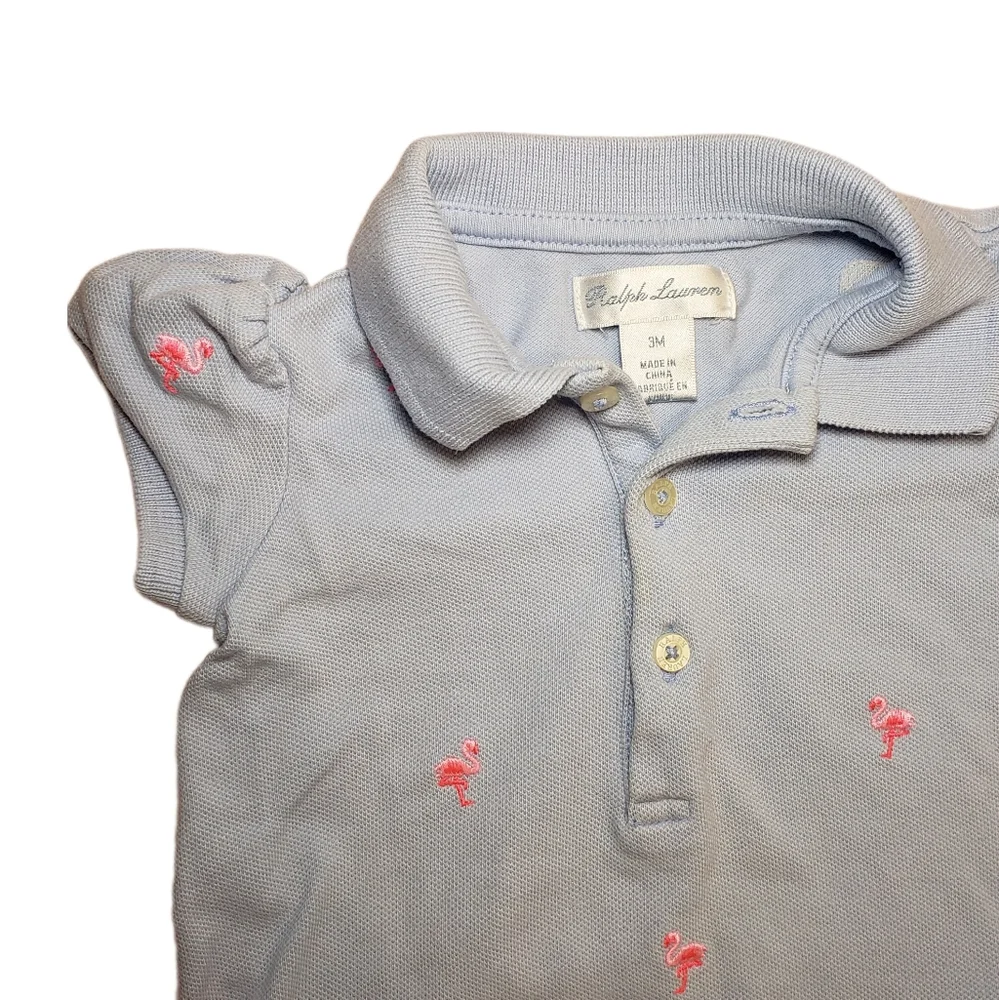 Ralph Lauren 3m Baby Girl Blue Polo Dress with Embroidered Pink Flamingos
